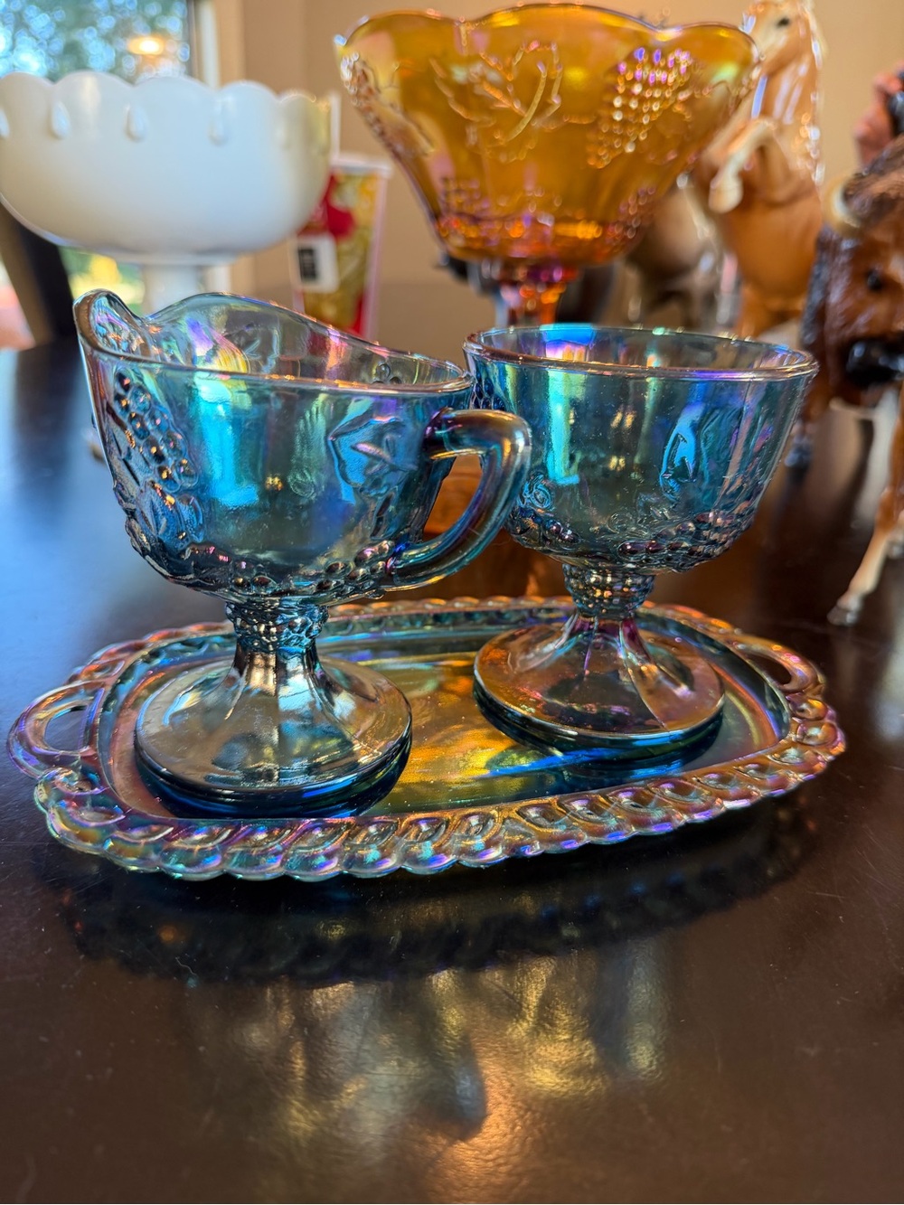 Vintage Indiana Glass Harvest Grape Blue Carnival Creamer Sugar Tray Set